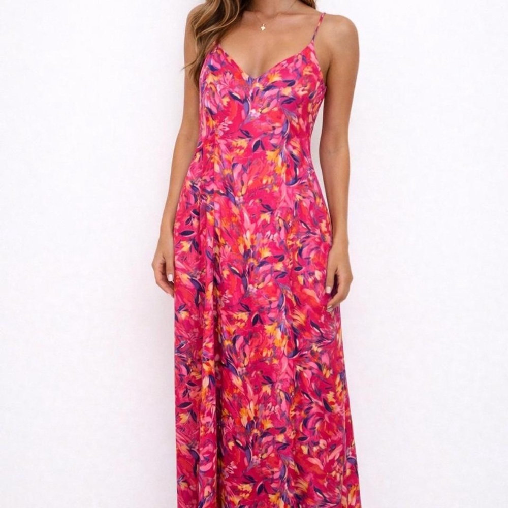 Nicole Miller Hot Pink Floral Print Maxi Dress